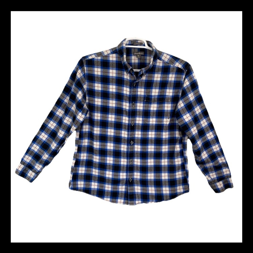 Blue Plaid Flannel Shirt Mens L Eddie Bauer Button Up Outdoors Hiking casual